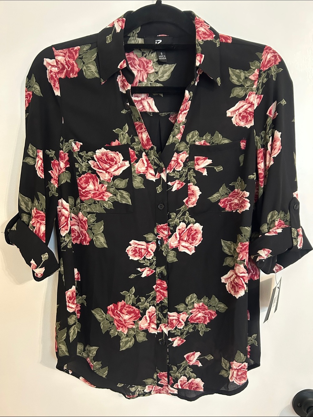 Iz Byer Black Button-Down Blouse with Pink Floral Print